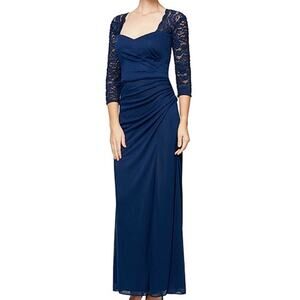 Alex Evenings 14 Navy Blue Lace 3/4 Sleeve Ruched Formal Gown Maxi Dress Wedding